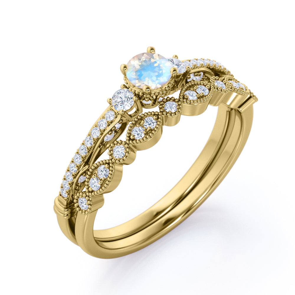 Traditional Eternity setting 1 carat Round cut Rainbow Moonstone and diamond three stone wedding ring set for women in Yellow gold