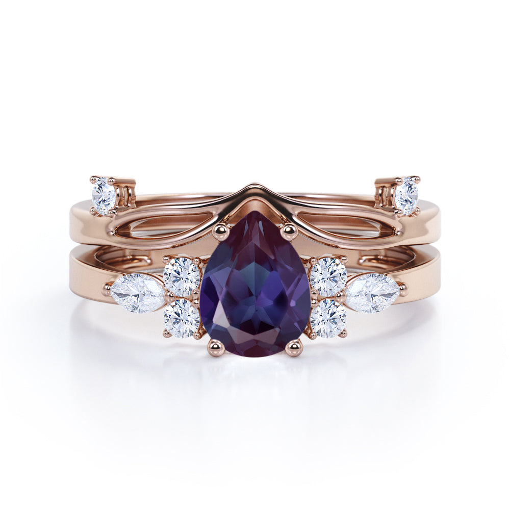 Crown inspired 1.15 carat Pear shaped Synthetic Alexandrite and diamond split shank setting-chevron wedding ring set in Rose gold