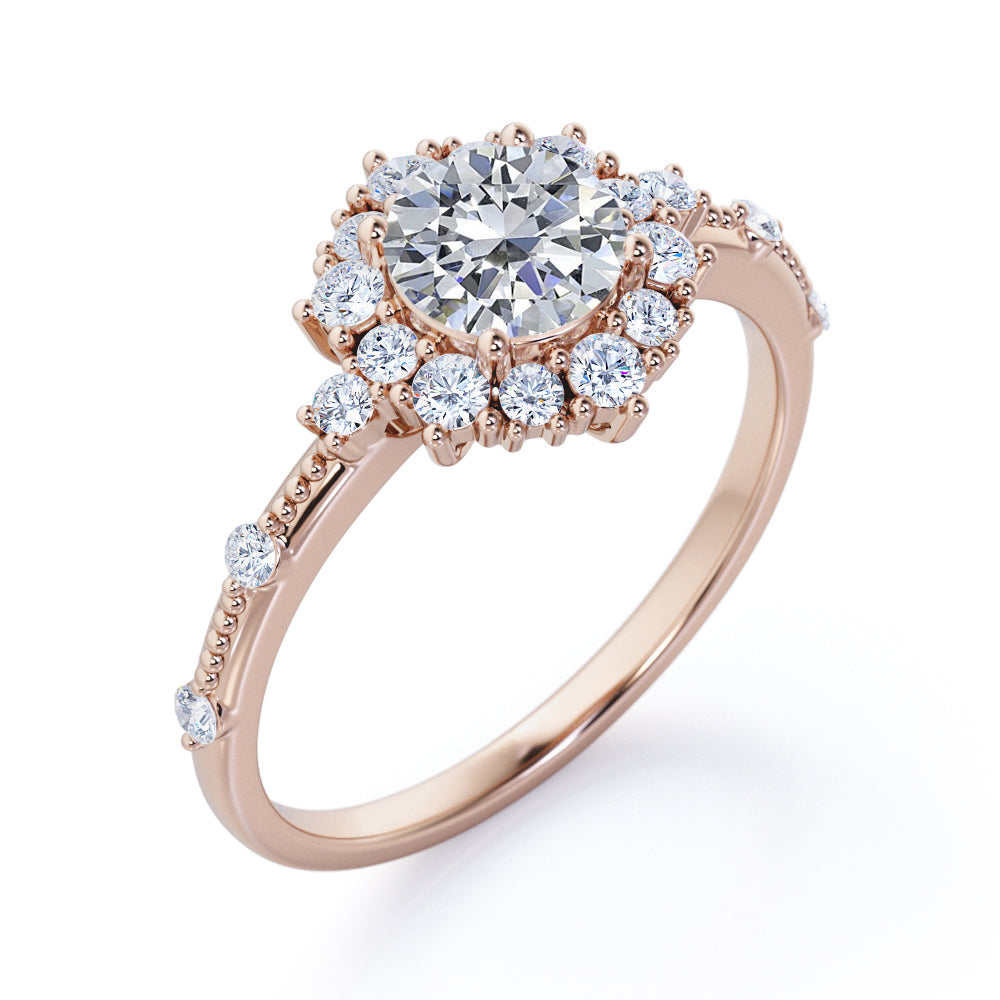 1.2 carat Round cut Moissanite and diamond Milgrain and halo engagement ring for women in rose gold