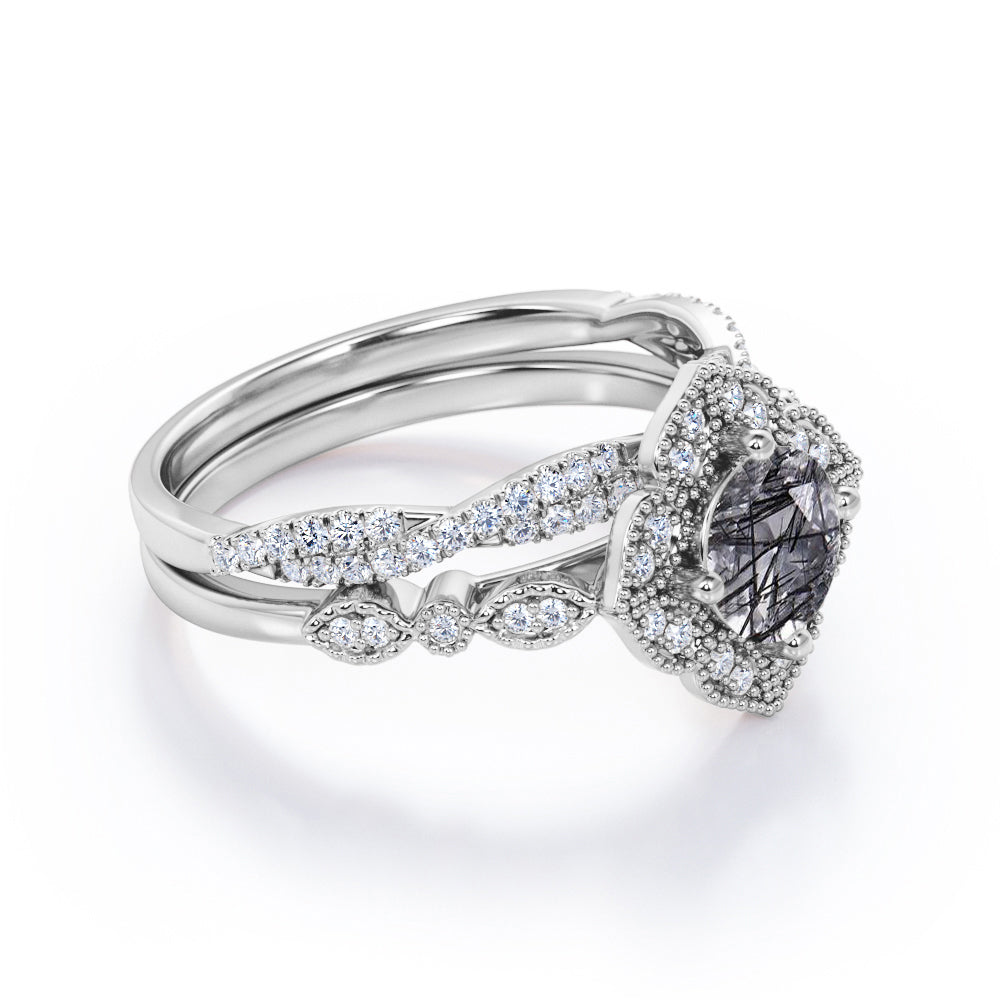 Magnificent 1.75 carat round cut Black Rutilated quartz and diamond Engraved Milgrain Bridal set for women-infinity wedding ring set