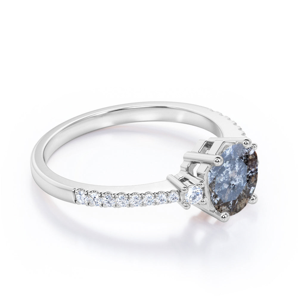 Basket Prong style 0.75 carat Round cut Salt and pepper diamond and White diamond-trio stone-eternity engagement ring in White gold