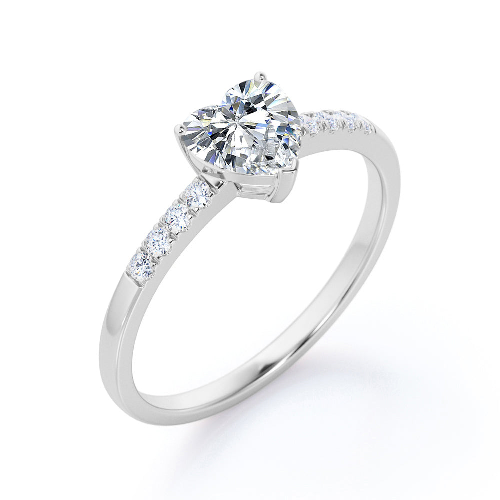 Classic Pave 1.2 carat Heart shaped Moissanite and diamond vintage engagement ring in White gold