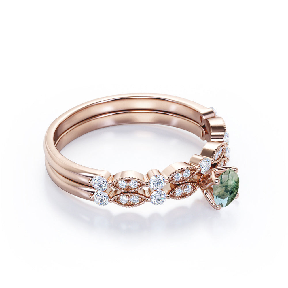 Milgrain Marquise Dot 0.85 carat Round cut Moss Green Agate and diamond wedding ring set for her in Rose gold