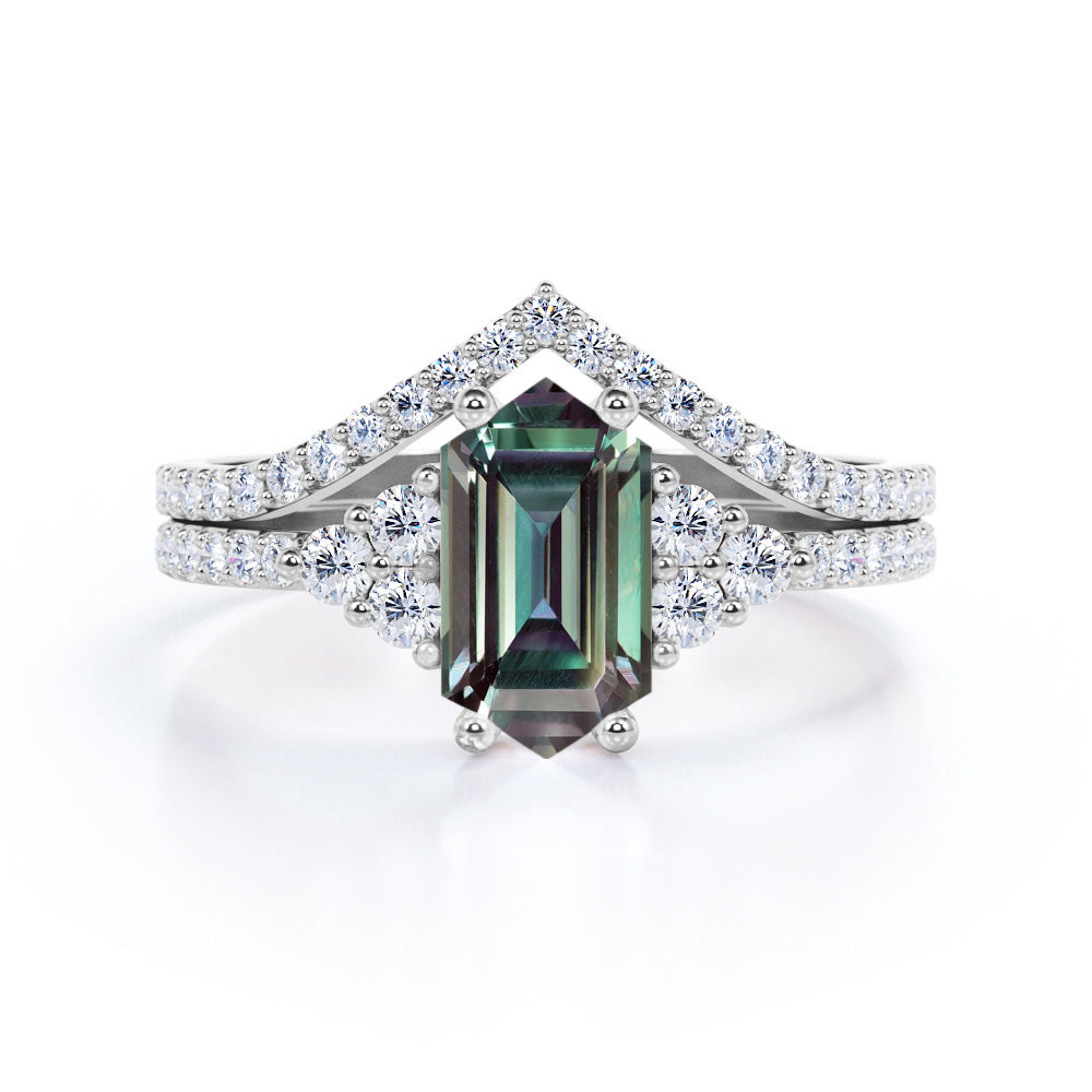Pave Chevron 1.7 carat Hexagon shaped Lab made Alexandrite and diamond wedding ring set for her in White gold