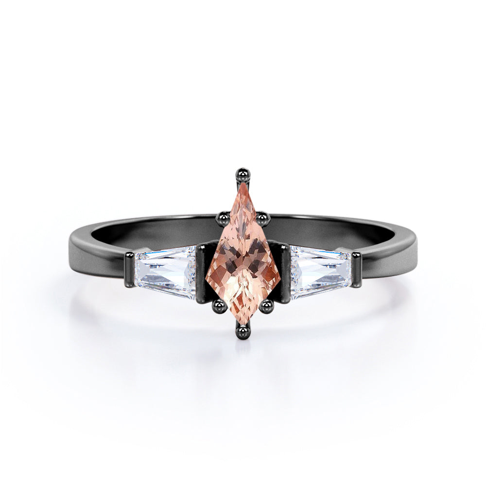 Baguette style 1.1 carat Kite shaped Morganite and diamond three stone anniversary ring in Black gold