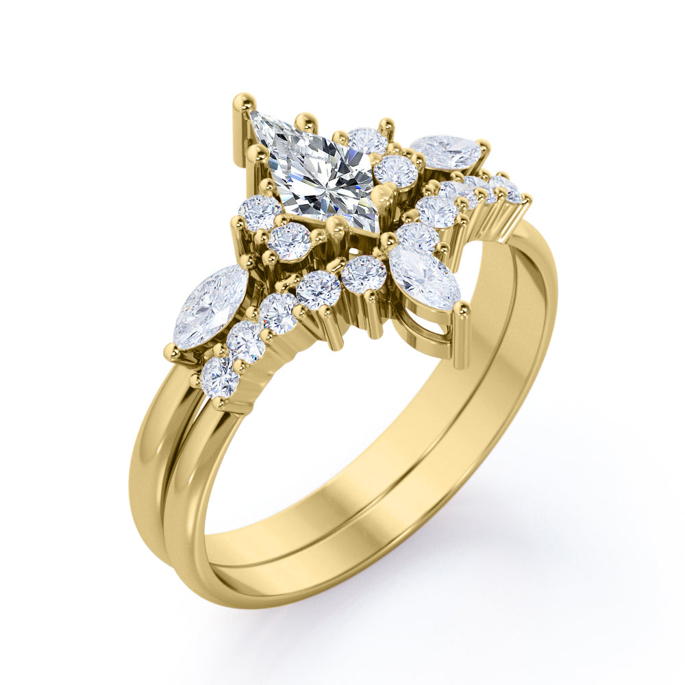 Boho inspired 1.5 carat Kite shaped Moissanite and diamond chevron wedding ring set in yellow gold