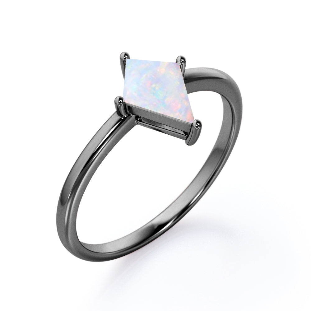 Classic 4 prong 1 carat Kite cut Ethiopian Opal solitaire engagement ring in Black gold