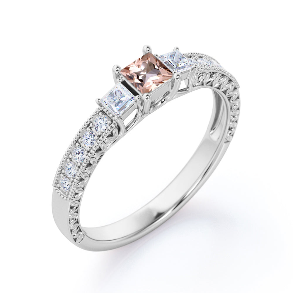 Petite Milgrain 0.75 carat Princess cut Morganite and diamond 3 stone engagement ring in White gold