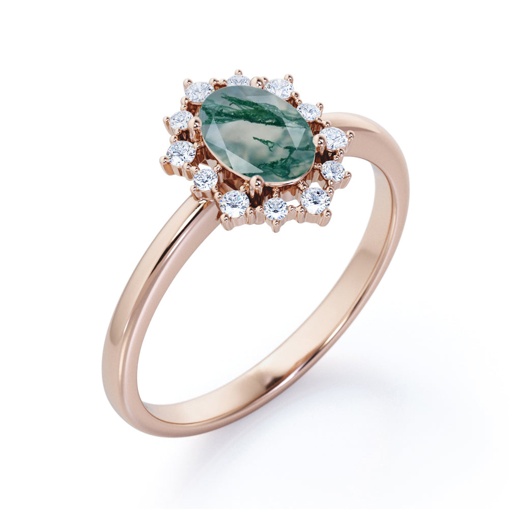 Snowflake Cluster 1.2 carat Oval shaped Moss Green Agate and diamond halo engagement ring in Rose gold