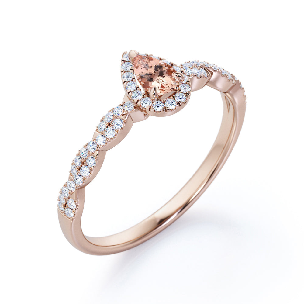 Twisted halo 1 carat Pear cut Morganite and diamond infinity engagement ring in Rose gold