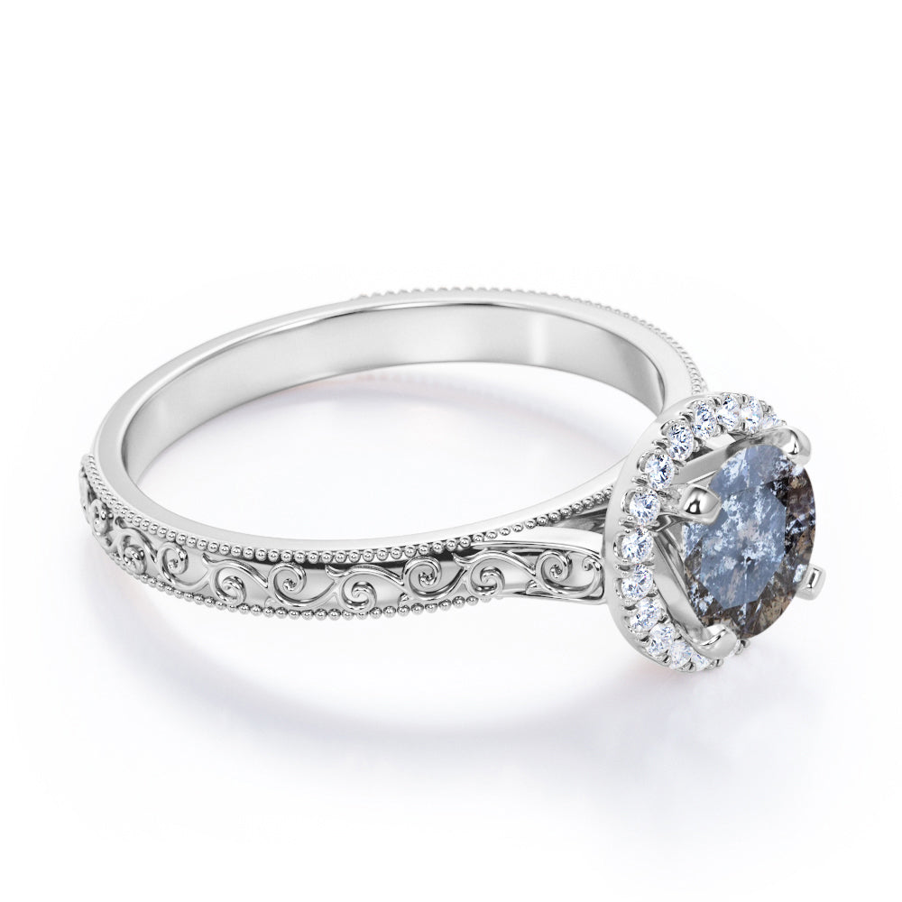 Floral filigree 0.65 carat Round cut Salt and pepper diamond and White diamond unique halo engagement ring in white gold