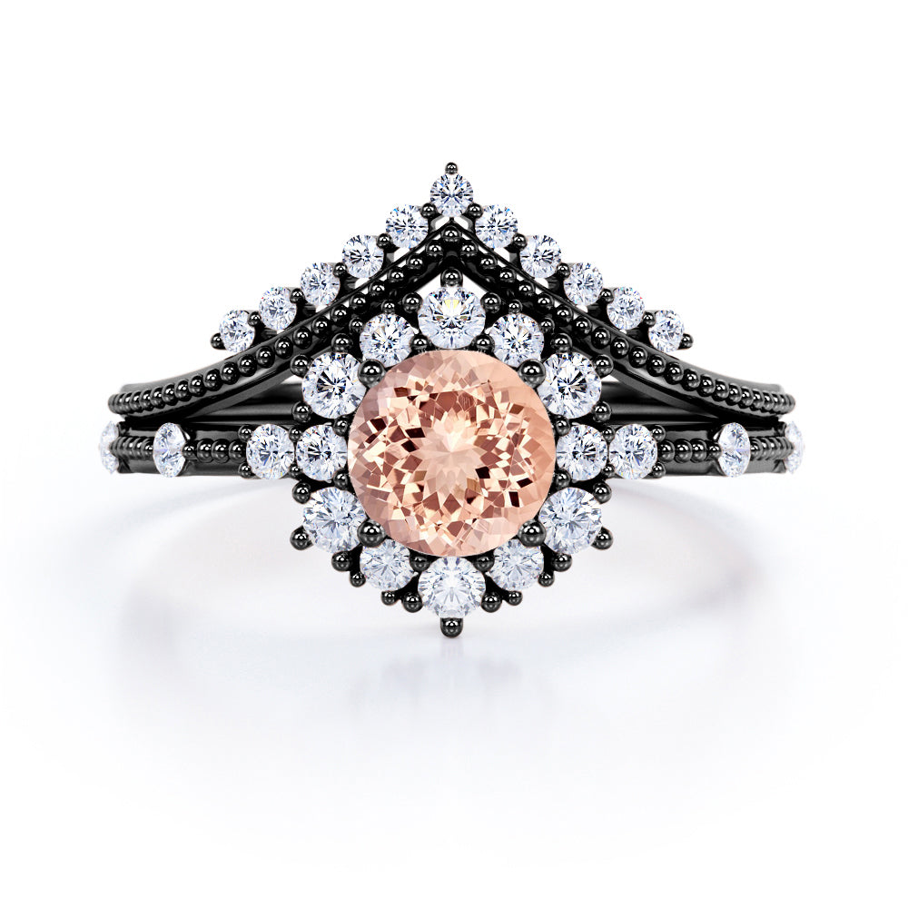 Contoured setting 1.65 carat Round cut Morganite and diamond Snowflake Milgrain Bridal set in Black gold