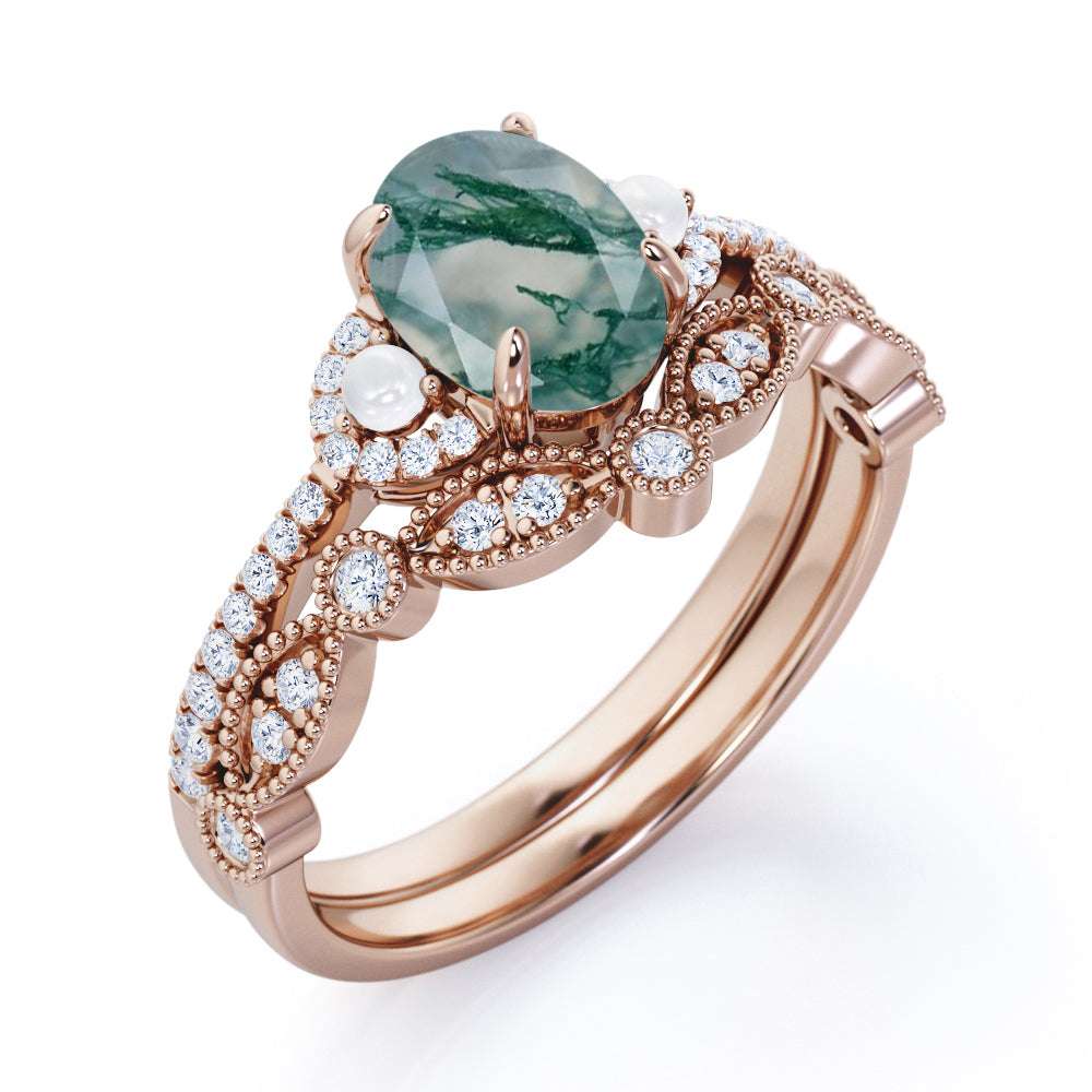 Victorian style Milgrain 1.55 carat Oval cut Moss Green Agate, diamond and pearl art nouveau Bridal set for women in Rose gold