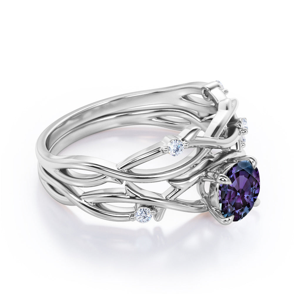 Twig Branch Bands 1.1 carat Round cut Synthetic Alexandrite and diamond art deco wedding ring set in Black gold