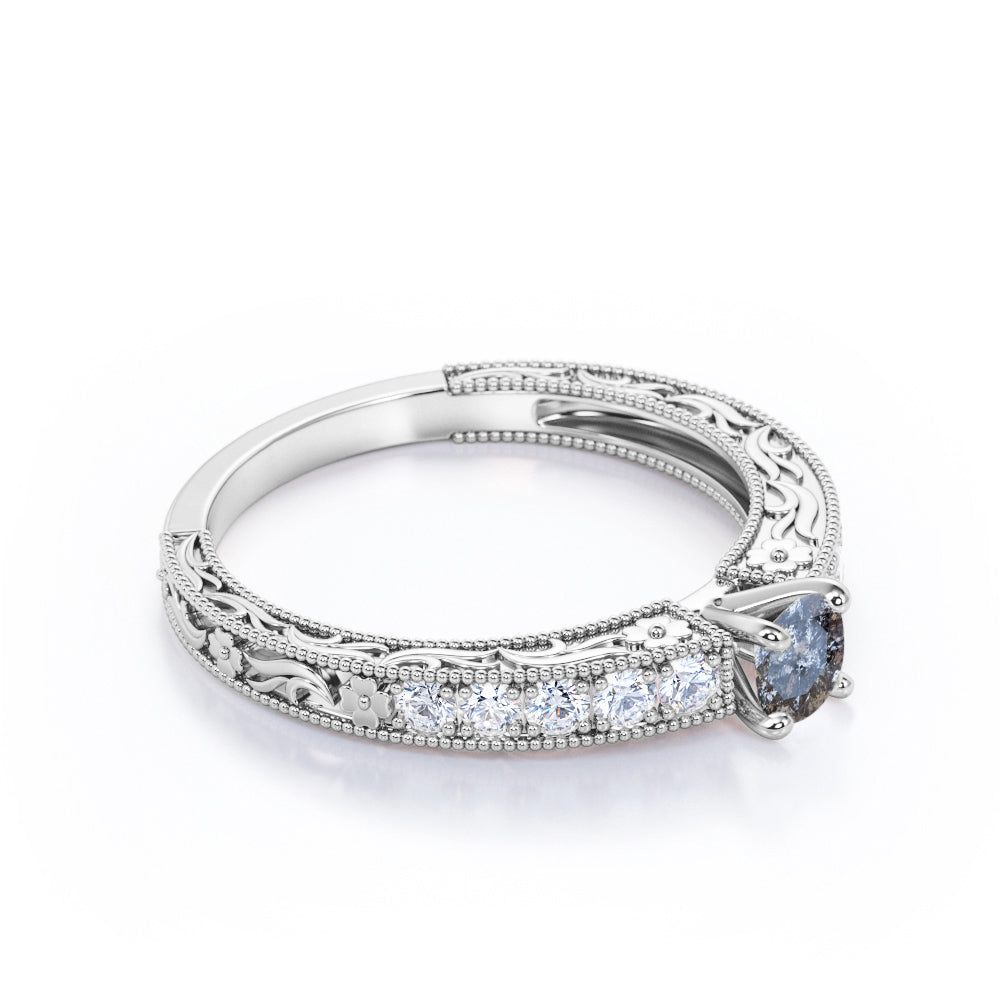 Antique Cathedral 0.7 carat Round cut Salt and pepper diamond scrollwork filigree engagement ring in White gold