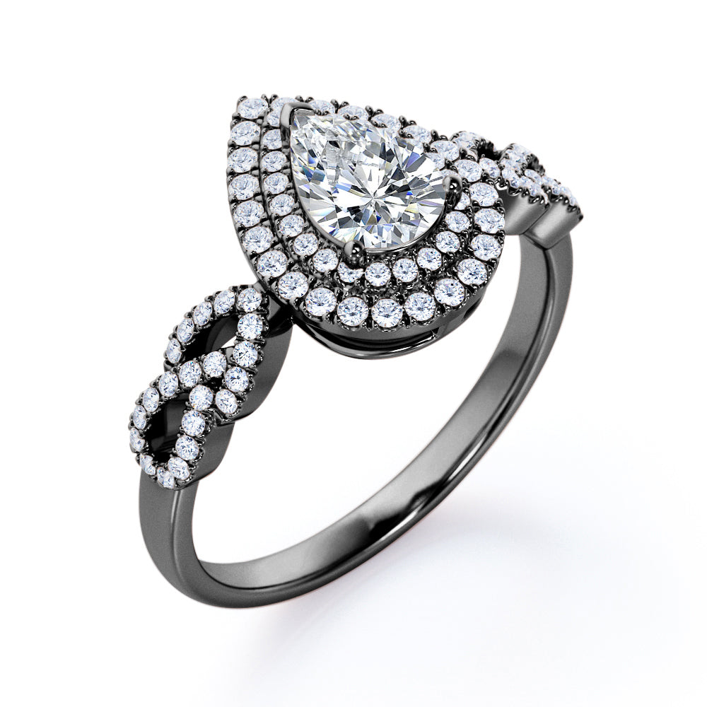 Artistic infinity 1.75 carat Pear cut Moissanite and diamond vintage halo engagement ring in Black gold