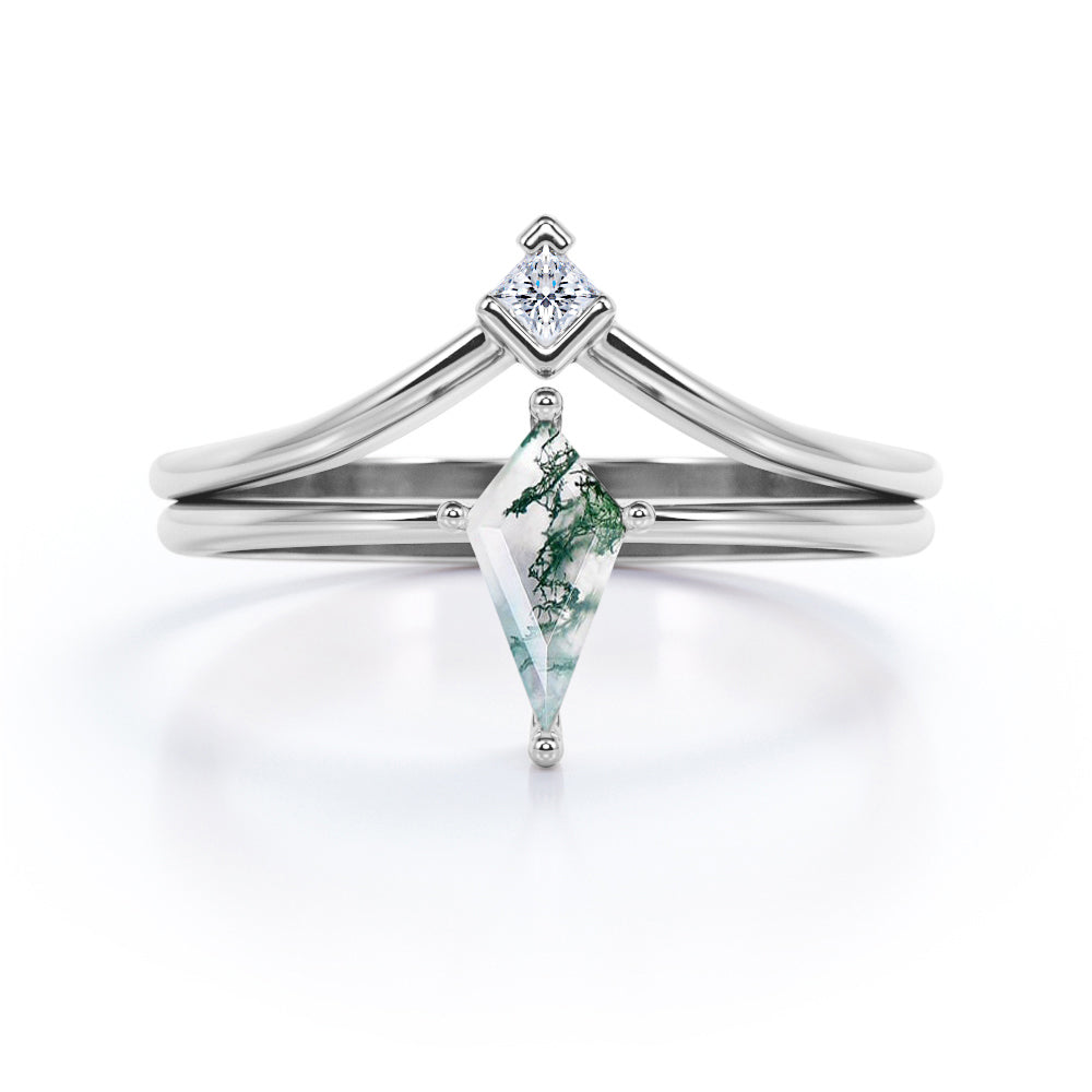 Classic 2 stone 1 carat Kite shaped Moss Green Agate and diamond contoured wedding ring set in White gold