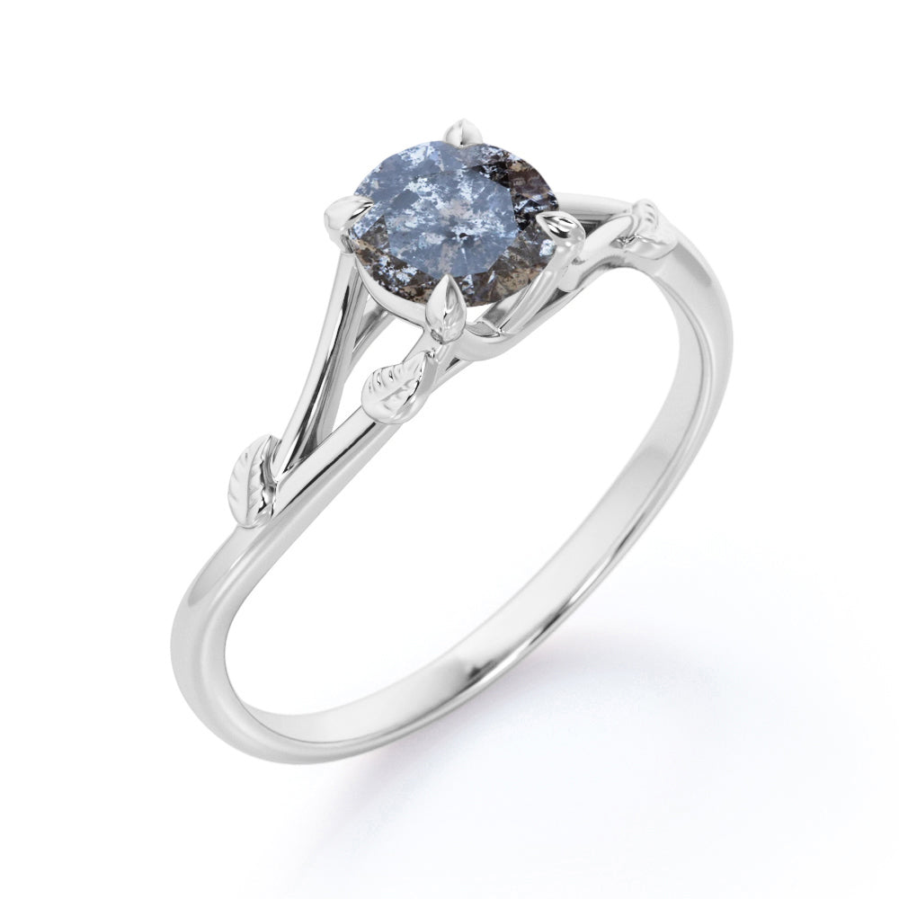 Branchlet shank 0.5 carat Round cut Salt and pepper diamond solitaire engagement ring in White gold