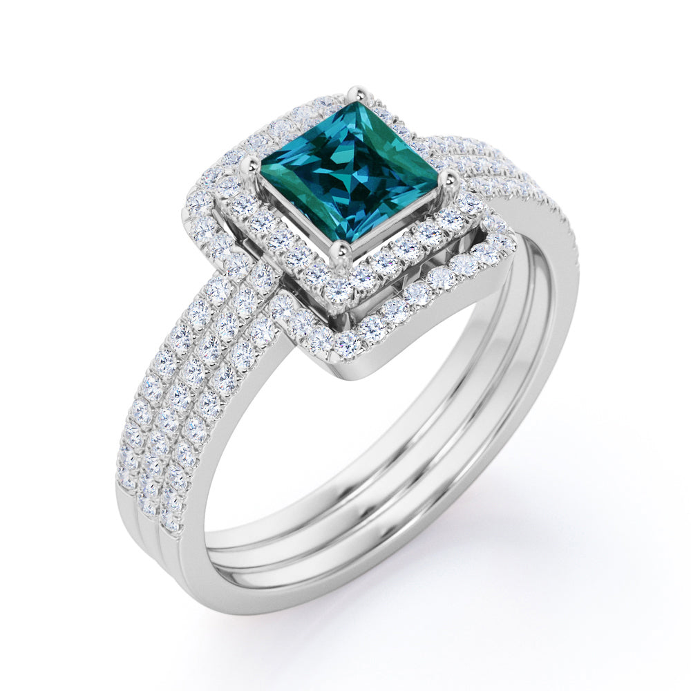 Elegant Eternity 1.75 carat Princess cut Lab created Alexandrite and diamond trio wedding ring set for women in White gold