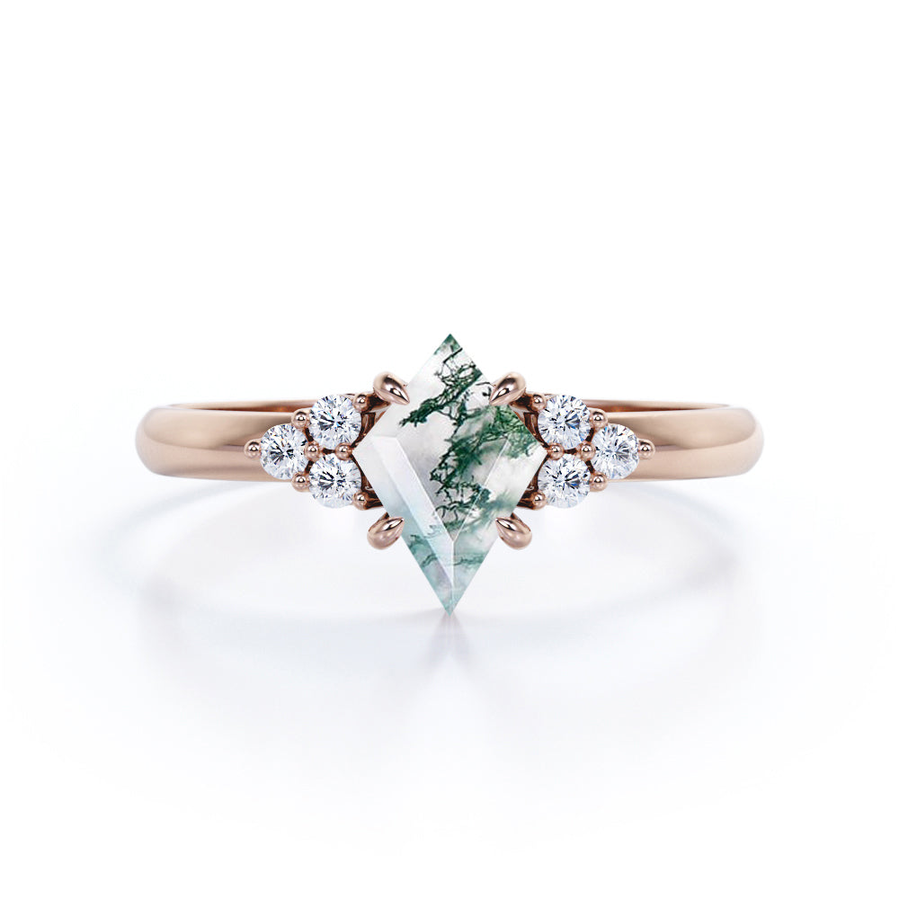 Exquisite Bezel 1.1 carat Kite shaped Moss Green Agate and diamond-claw prong setting-seven stone engagement ring in Rose gold