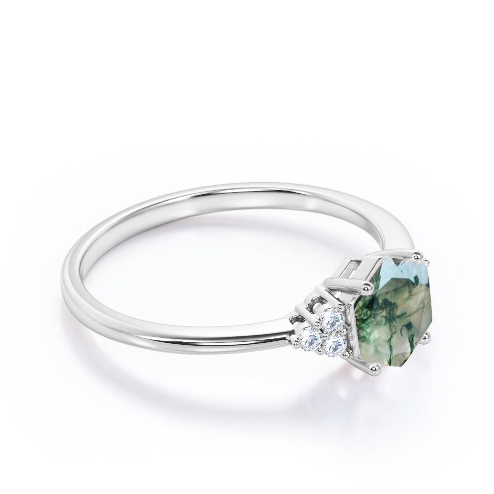 Seven lucky stones 1 carat Hexagon shaped Moss Green Agate and diamond pinched shank engagement ring in White gold