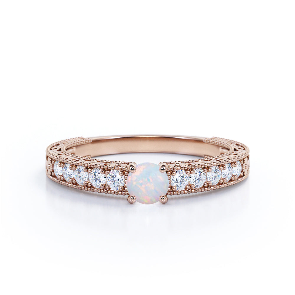 Bead Décor 0.6 carat Round cut Austrlian Opal and diamond channel set engagement ring for her in Rose gold
