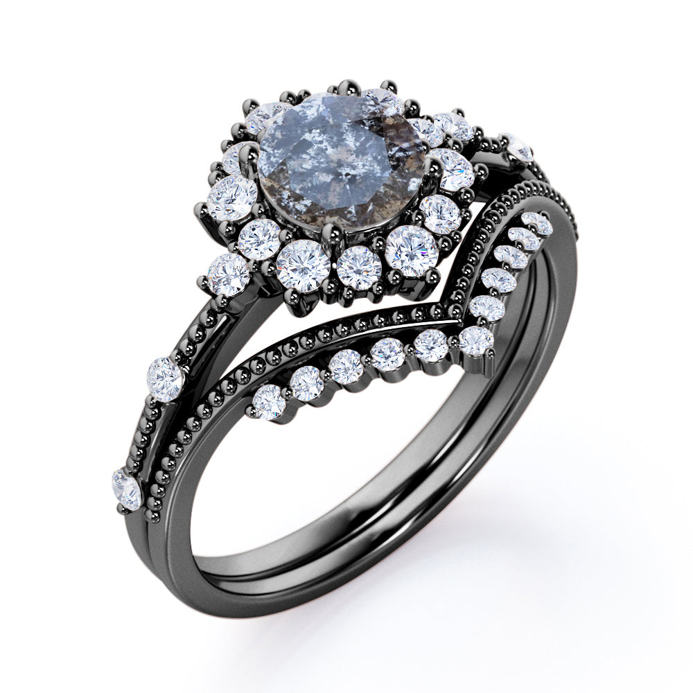 Beaded chevron 1 carat Round cut Salt and pepper diamond and White diamond clustered halo wedding ring set in Black gold