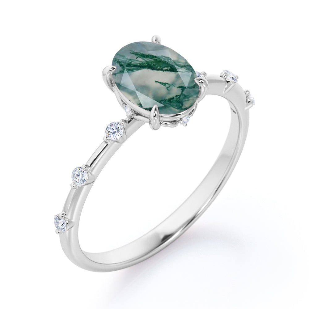 Branch Twig inspired 1.1 carat Moss Green Agate and diamond claw prong engagement ring in White gold