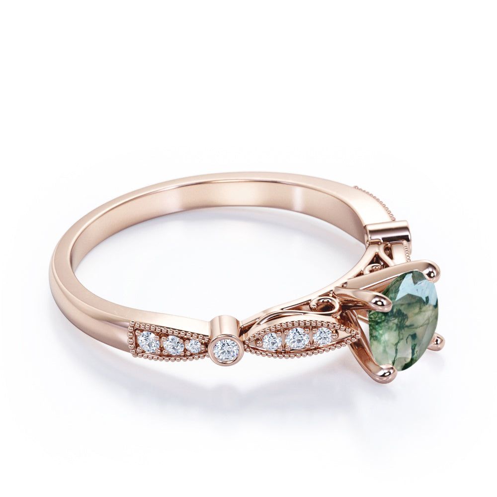 Art deco Cathedral 1.2 carat Round cut Moss Green Agate and diamond bead décor engagement ring in Rose gold