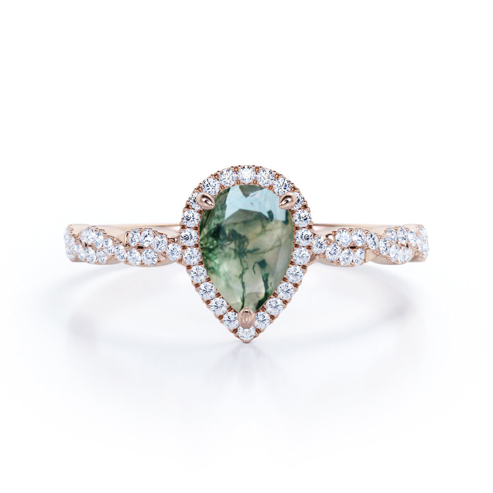 Stylish twisted style 1.5 carat Pear cut Moss Green Agate and diamond infinity halo engagement ring in Rose gold