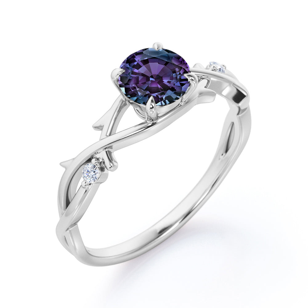 Four Claw Prong 1 carat Round cut Alexandrite and diamond earthy engagement ring in White gold