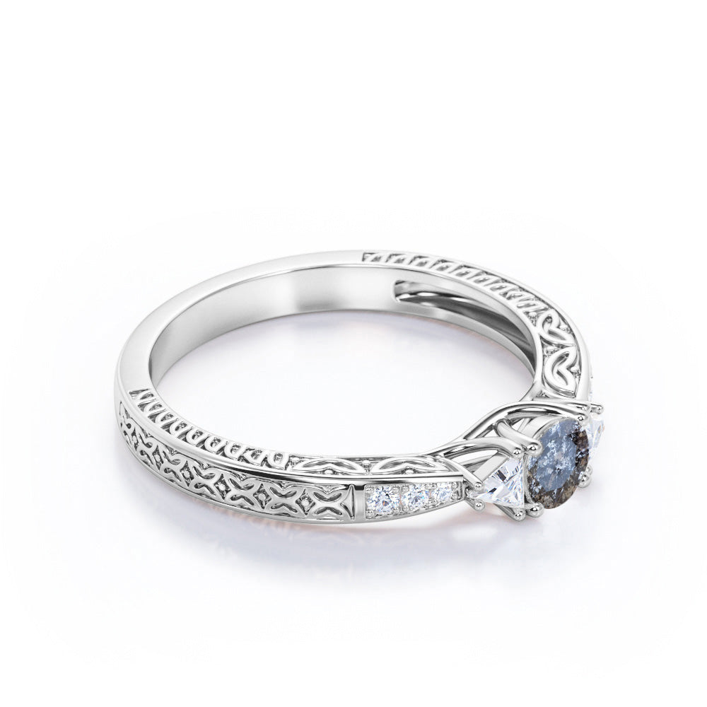 Past, Present, Future 0.6 carat Round cut Salt and pepper diamond vintage trillion engagement ring in White gold