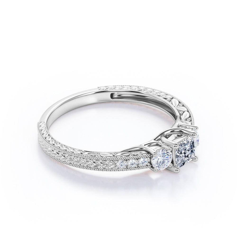Twisted 4 Prong trio stone 0.58 carat Princess cut cathedral setting diamond Engagement ring in Gold
