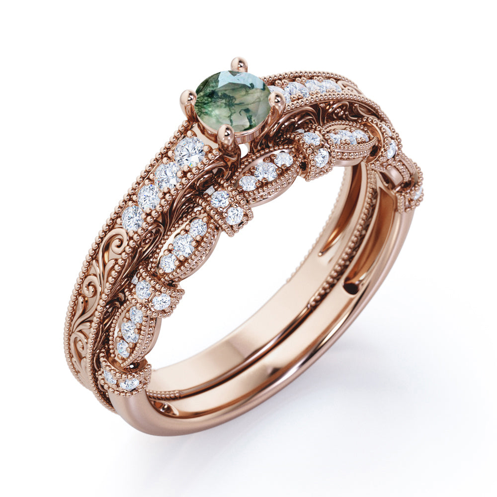 Exquisite Art Deco 0.9 carat Round cut Moss Green Agate and diamond Edwardian filigree Bridal set in Rose gold