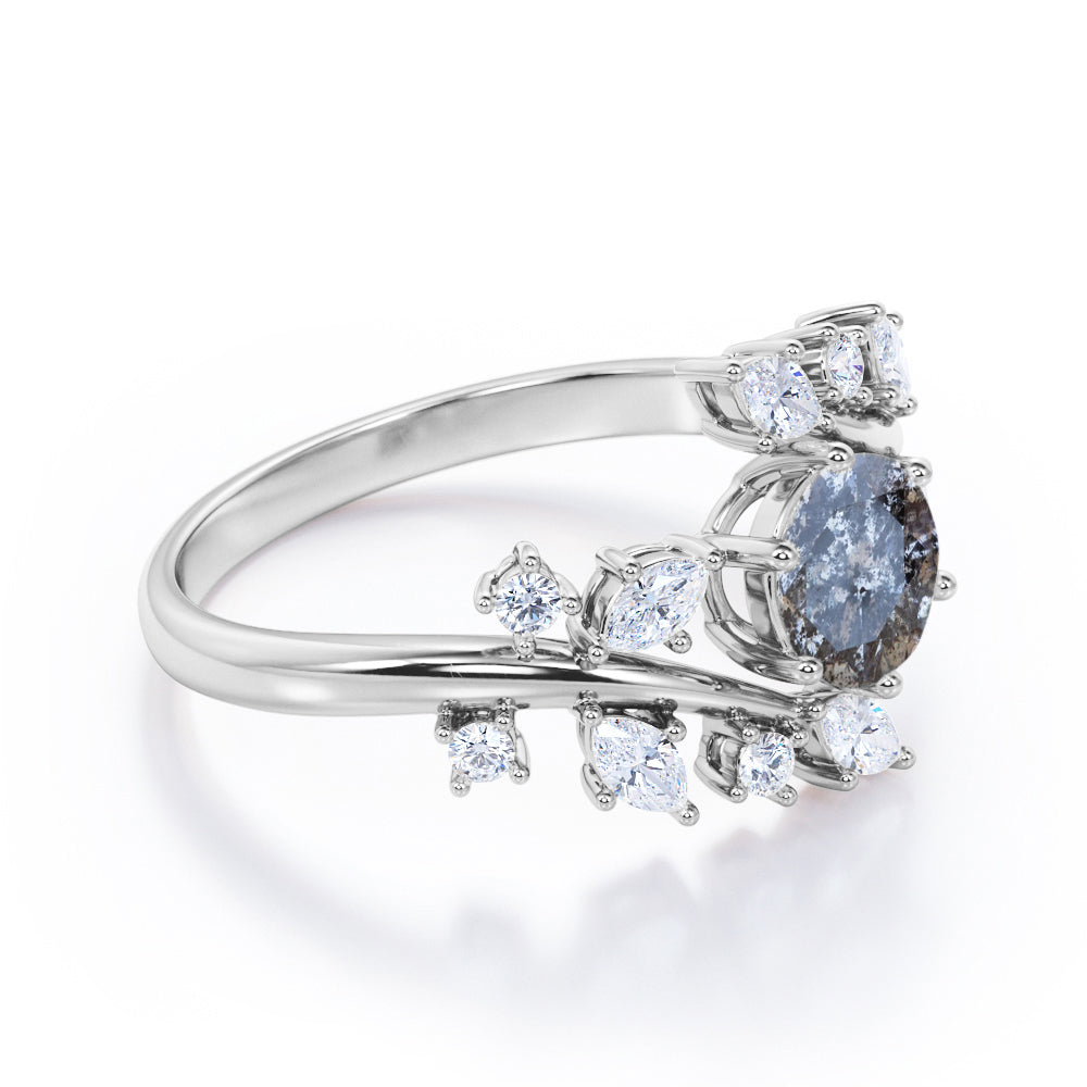 Nature inspired 0.75 carat Round cut Salt and pepper diamond and White diamond tension set engagement ring in white gold