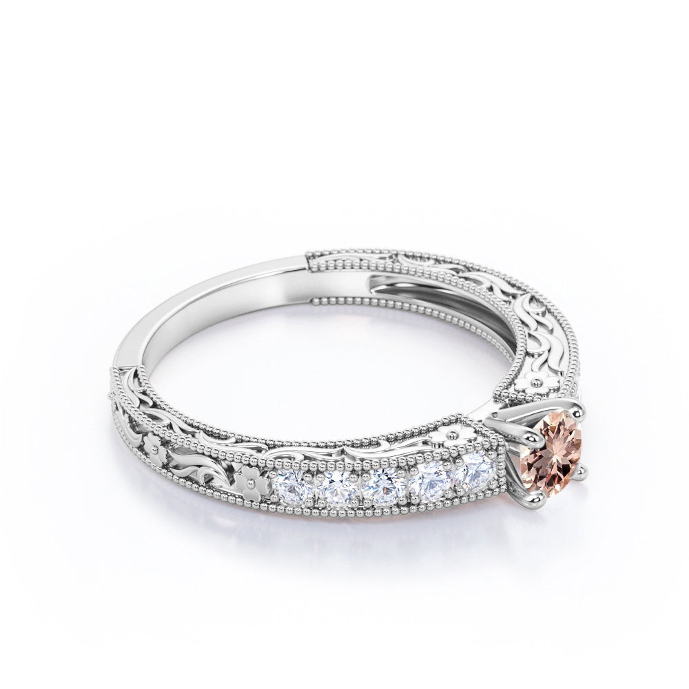 Art Nouveau style 0.75 carat Round cut Peach Morganite and diamond shared prong engagement ring in White gold