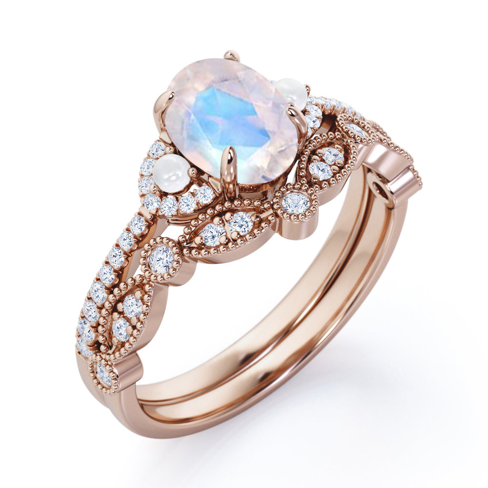 Chevron Milgrain 1.75 carat Oval cut Blue Moonstone, diamond and freshwater pearl wedding ring set for women in Rose gold