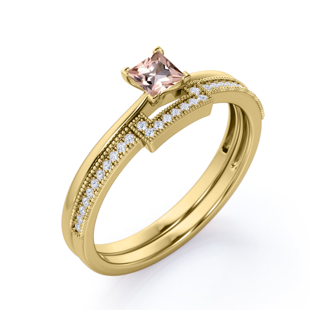 Eternity 0.75 carat Princess cut Pink Morganite and diamond Solitaire Bridal wedding ring set in Yellow gold