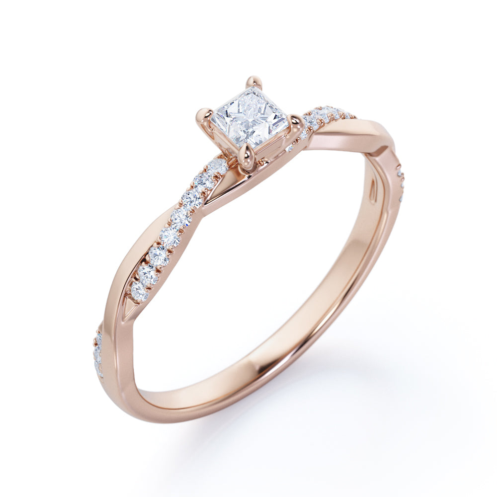 Delicate 0.7 carat Princess cut Moissanite and diamond twisted infinity engagement ring in Rose gold