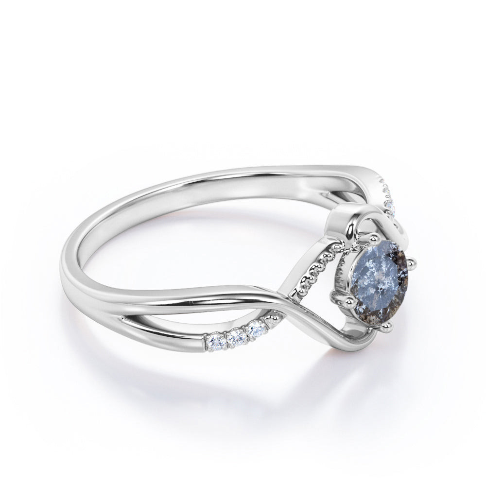 Infinity Milgrain 0.6 carat Round cut Salt and pepper diamond twisted shank engagement ring in White gold