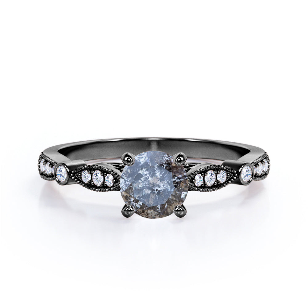 Royal Cathedral setting 0.75 carat Round cut Salt and pepper diamond and White diamond vintage engagement ring in Black gold
