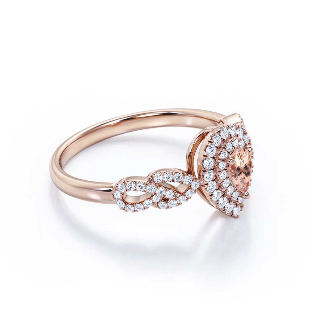 1.5 carat Pear cut Peach Morganite and diamond twisted double halo engagement ring in Rose gold