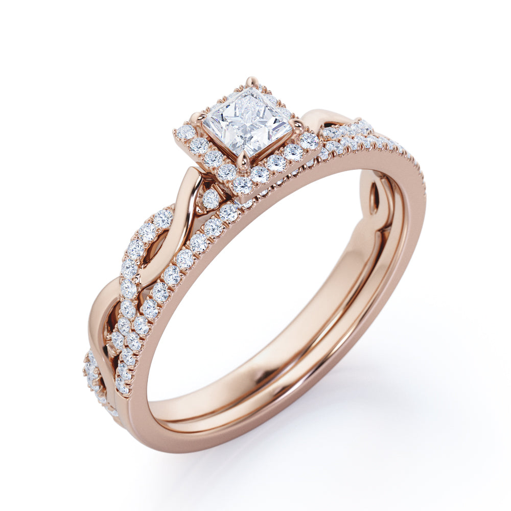 Infinity style 0.8 carat Princess cut Moissanite and diamond twisted halo engagement ring set in rose gold-Bridal set