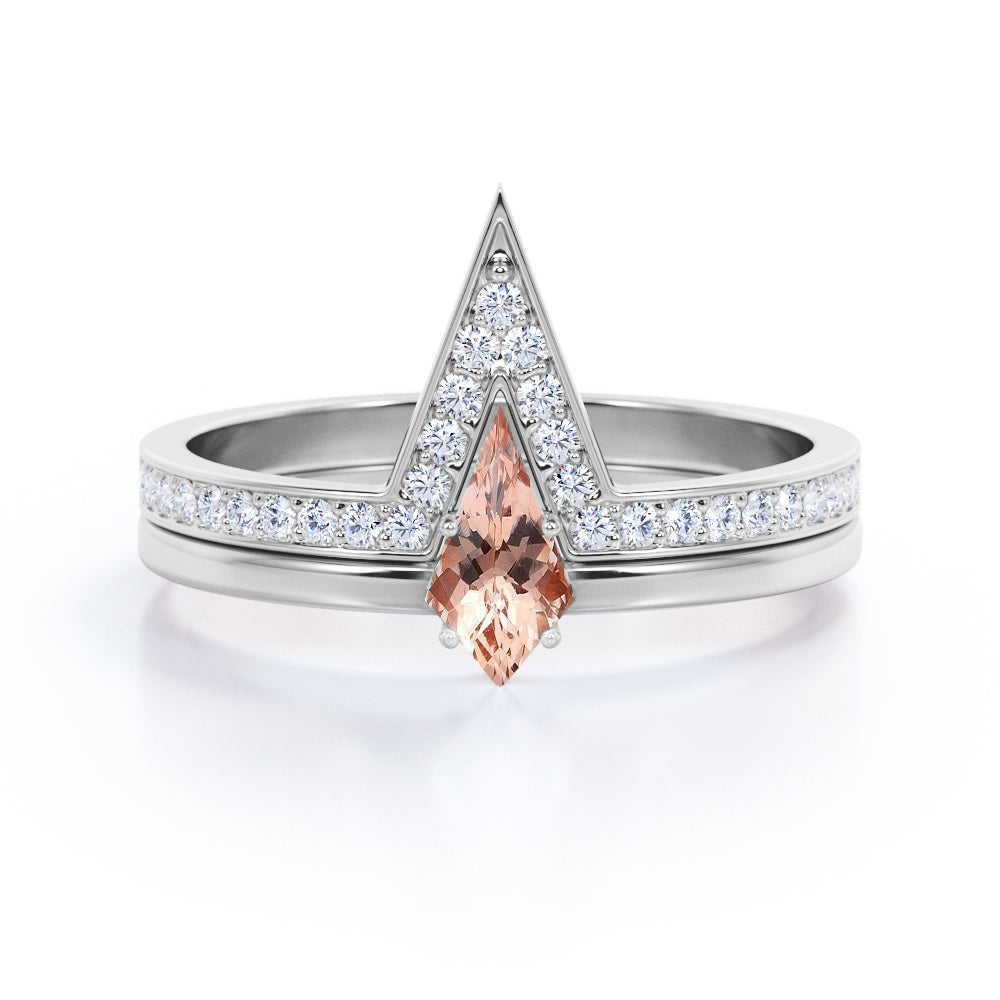 Modern Solitaire 1.25 carat Kite shaped Pink Morganite and diamond 4 prong wedding ring set in White gold