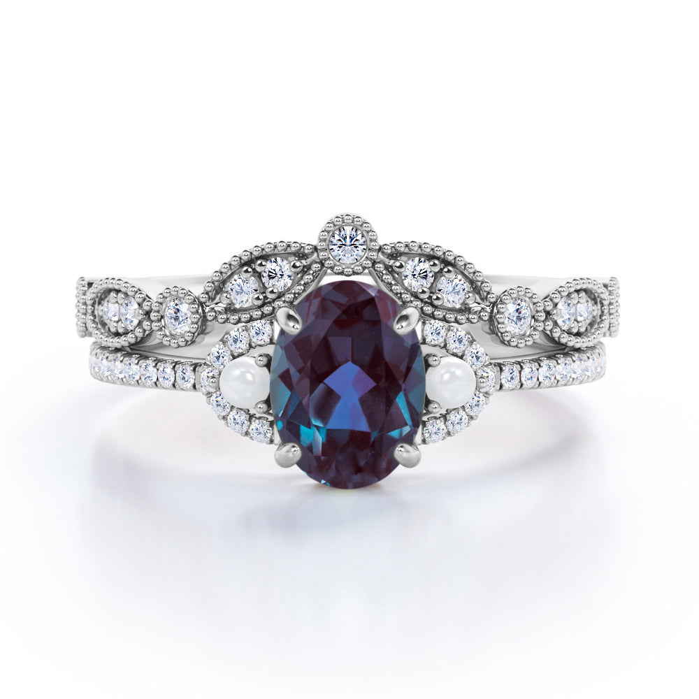 Vintage Milgrain 1.75 carat Oval cut Lab created Alexandrite, diamond and freshwater pearl wedding ring set in Rose gold
