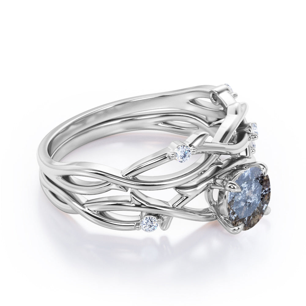 Artistic Vine 0.6 carat Round cut Salt and pepper diamond and White diamond twisted branch wedding ring set in White gold