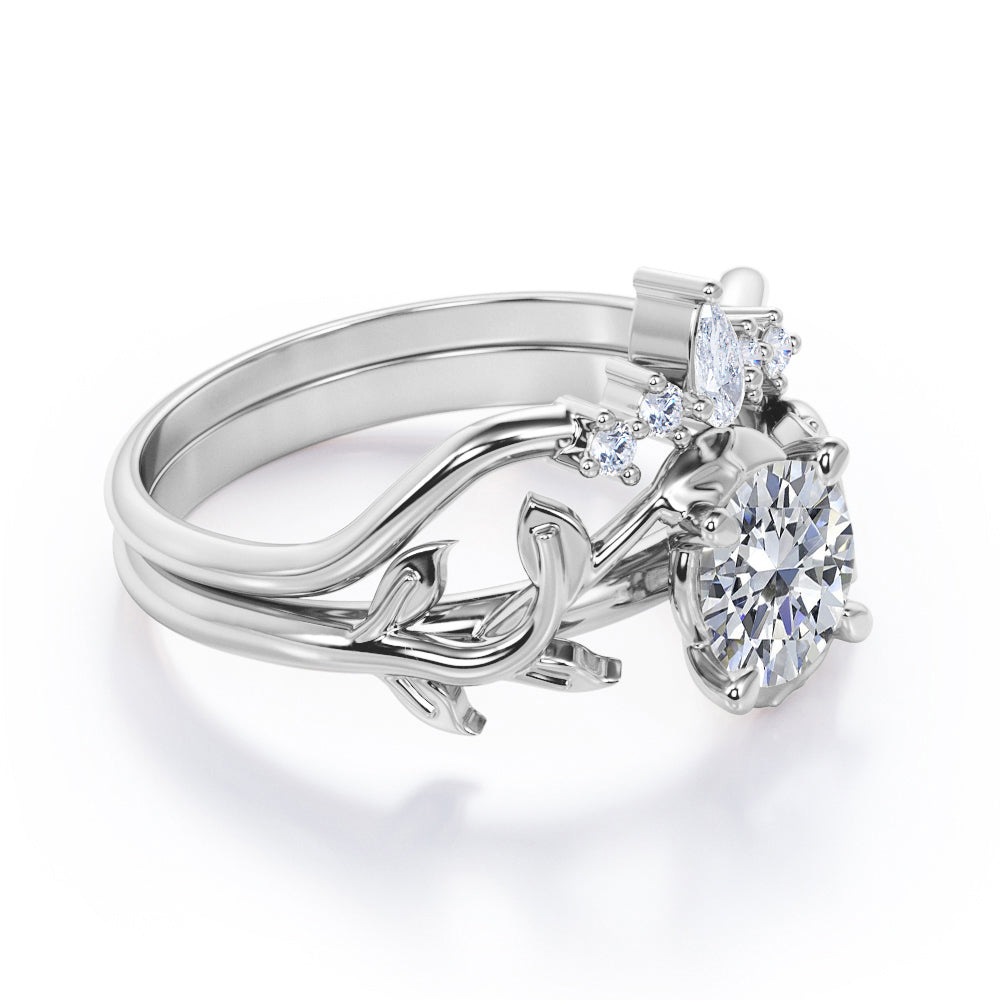 Chevron crown 1.15 carat Round cut Moissanite and diamond nature inspired wedding ring set in White gold