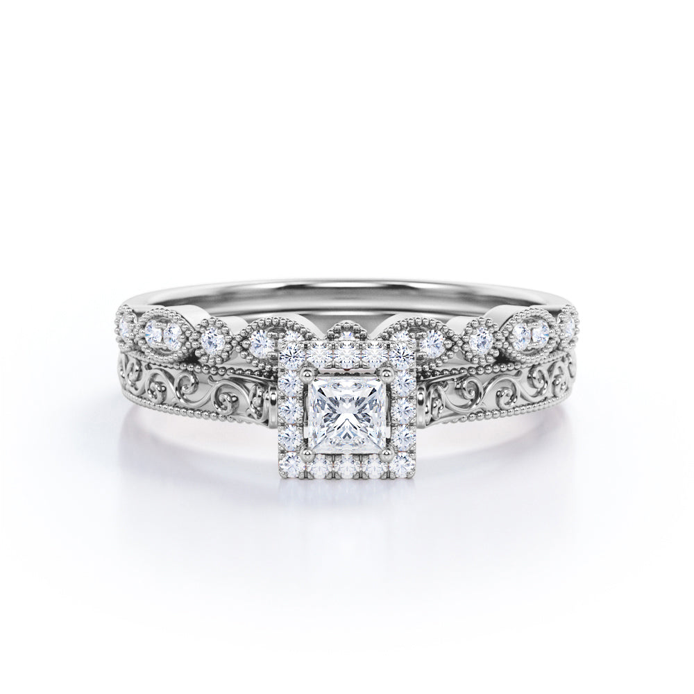 Filigree and Milgrain 1 carat Princess cut Moissanite and diamond antique art deco Bridal set in White gold