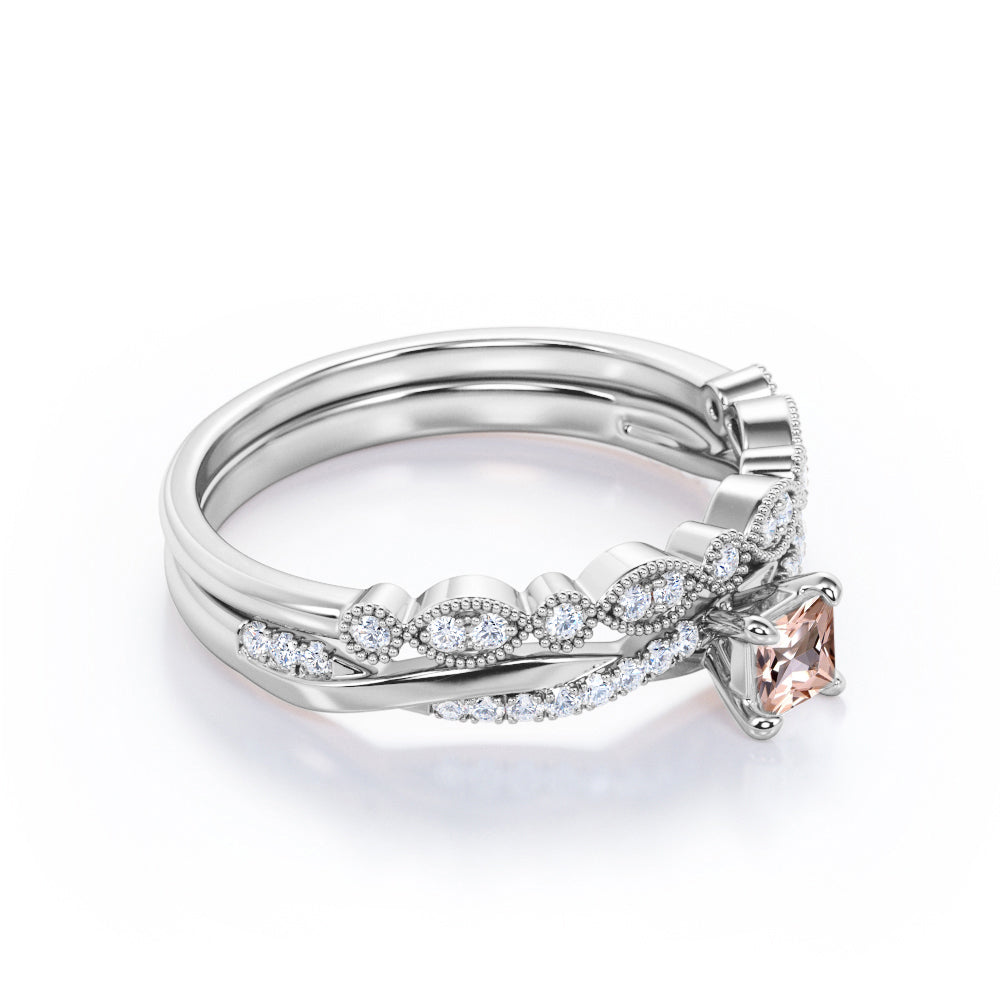 Intertwined vintage 1 carat Princess cut Morganite and diamond Milgrain and infinity wedding ring set in White gold