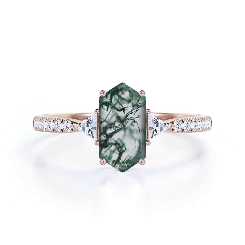 Modern Trillion 1.25 carat Hexagon shaped Moss Green Agate and diamond eternity style engagement ring in Rose gold